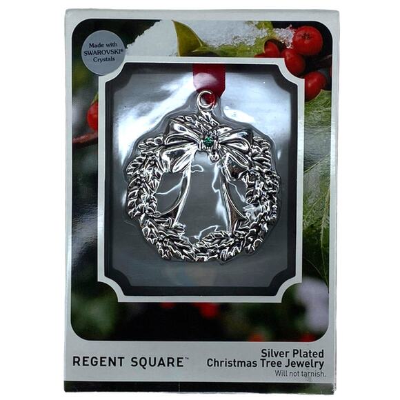 Regent Square Silver Plated Wreath Ornament W/ Swarovski Crystal- New In Box - Picture 7 of 7